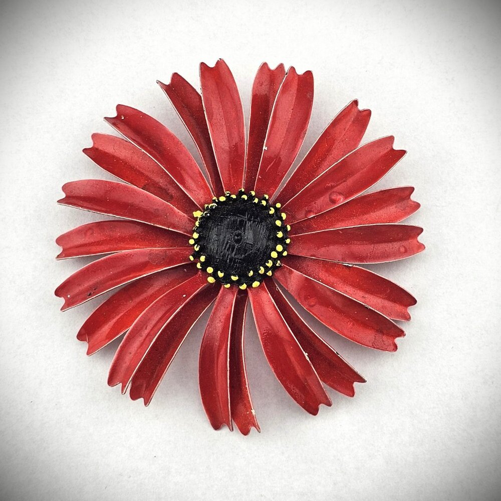 Vintage Burgundy Red 3" Enamel Metal Flower Brooch Pin